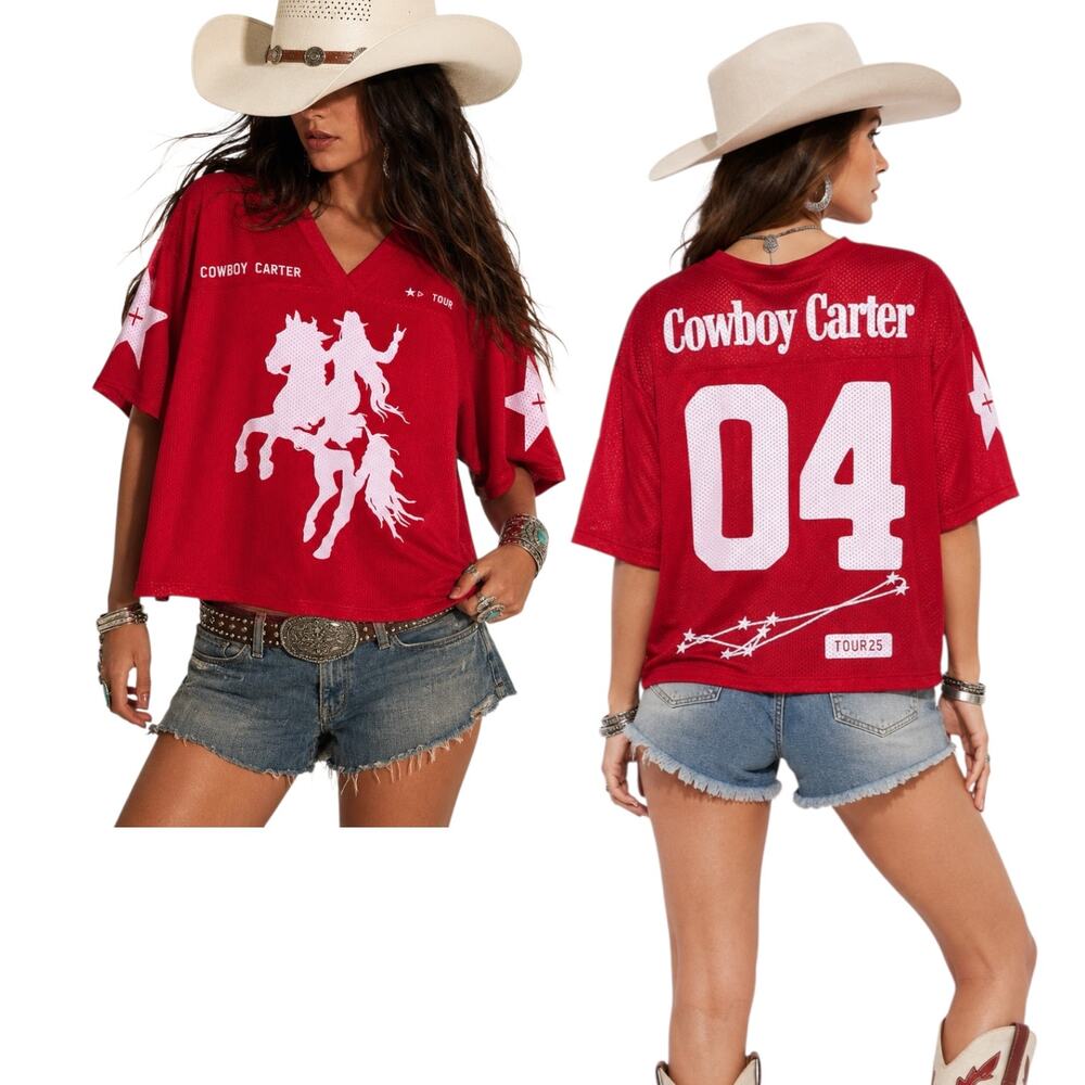 Beyonce 'Cowboy Carter' Tour Mesh Jersey Shirt, Graphic Cropped 2025 Red Size XL